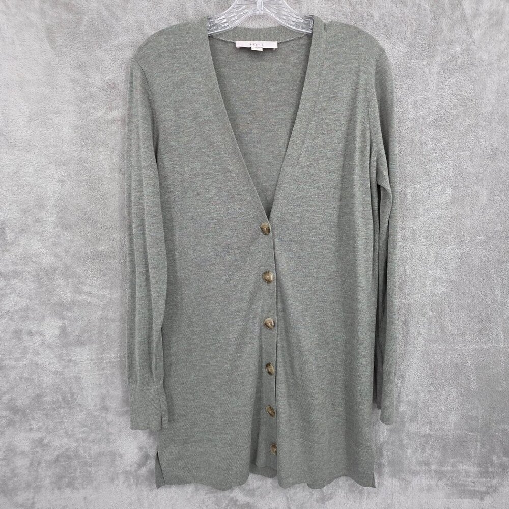 Loft Button Front Cardigan Sweater M Marle Green Brown Lightweight Longline Boho